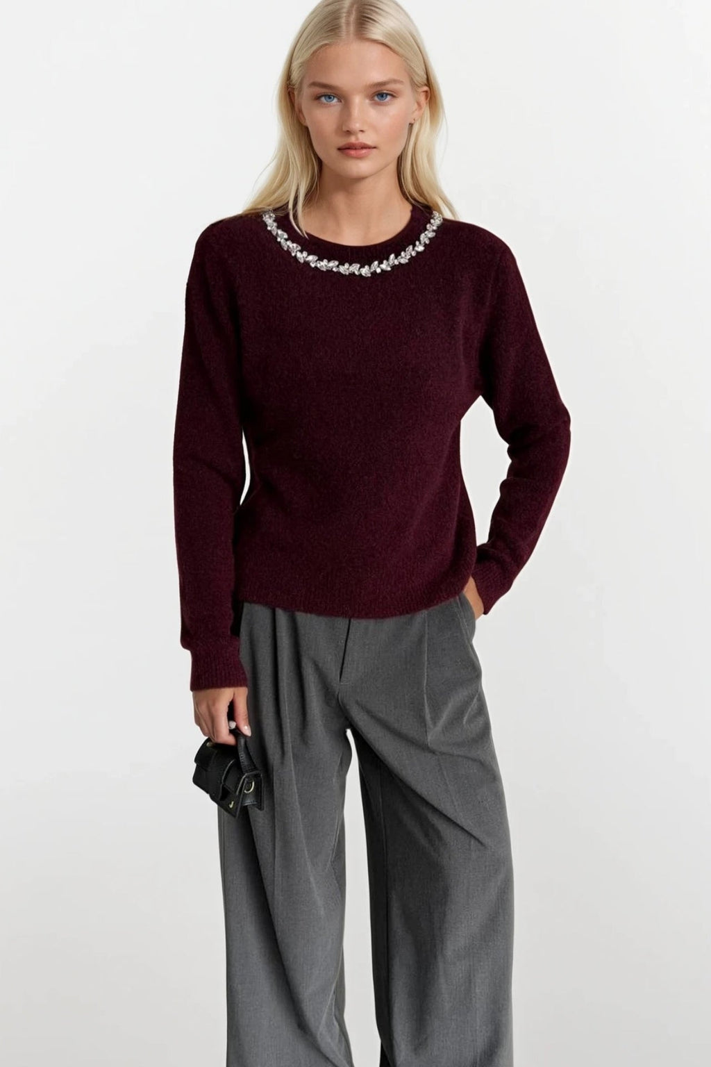 Stone-Embellished Collar Burgundy Knit Sweater