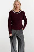 Stone-Embellished Collar Burgundy Knit Sweater