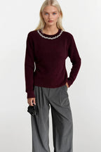 Stone-Embellished Collar Burgundy Knit Sweater