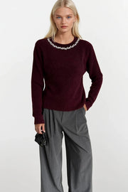Burgundy Knit Sweater with Rhinestone Collar