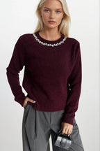 Stone-Embellished Collar Burgundy Knit Sweater