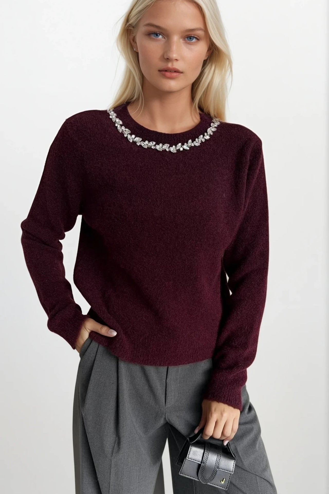 Stone-Embellished Collar Burgundy Knit Sweater