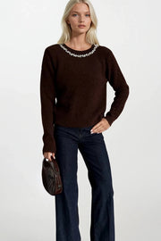Brown Knit Sweater with Embellished Collar