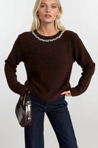 Stone-Embellished Collar Brown Knit Sweater