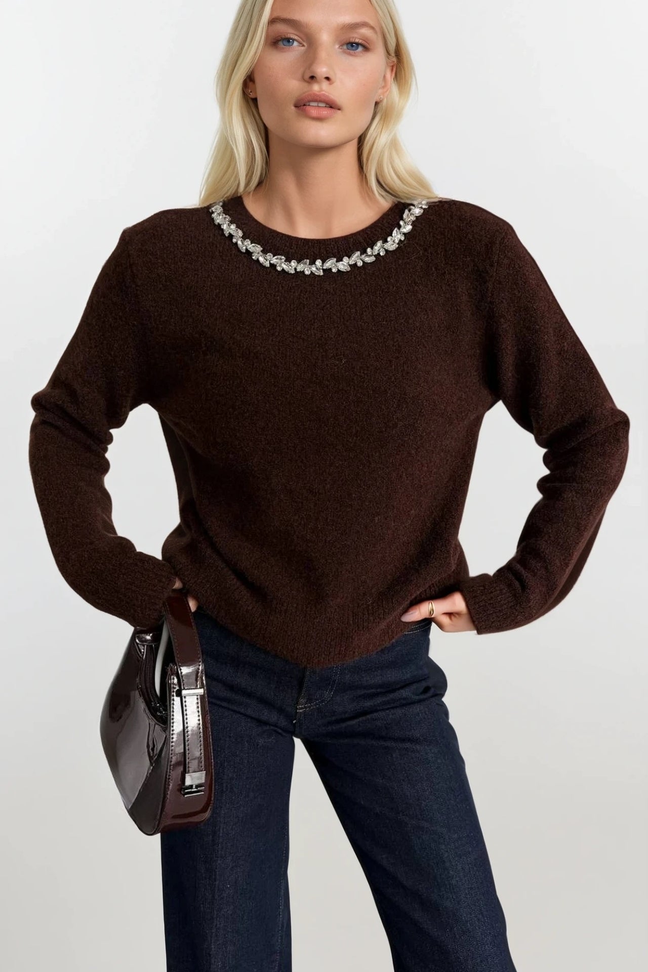 Stone-Embellished Collar Brown Knit Sweater