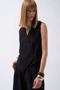 Side Button Asymmetric Linen Black Vest