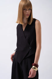 Side Button Asymmetric Linen Black Vest