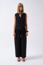 Side Button Asymmetric Linen Black Vest