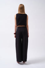 Side Button Asymmetric Linen Black Vest