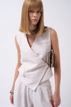 Side Button Asymmetric Linen Beige Vest