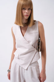 Side Button Asymmetrical Linen Beige Vest