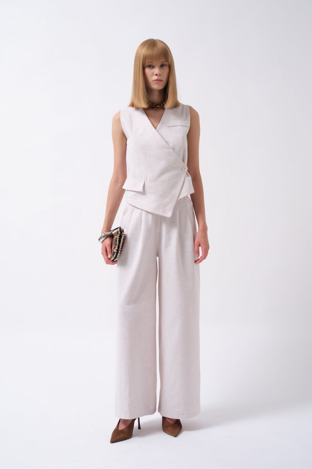 Side Button Asymmetric Linen Beige Vest
