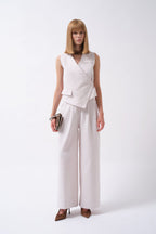 Side Button Asymmetric Linen Beige Vest