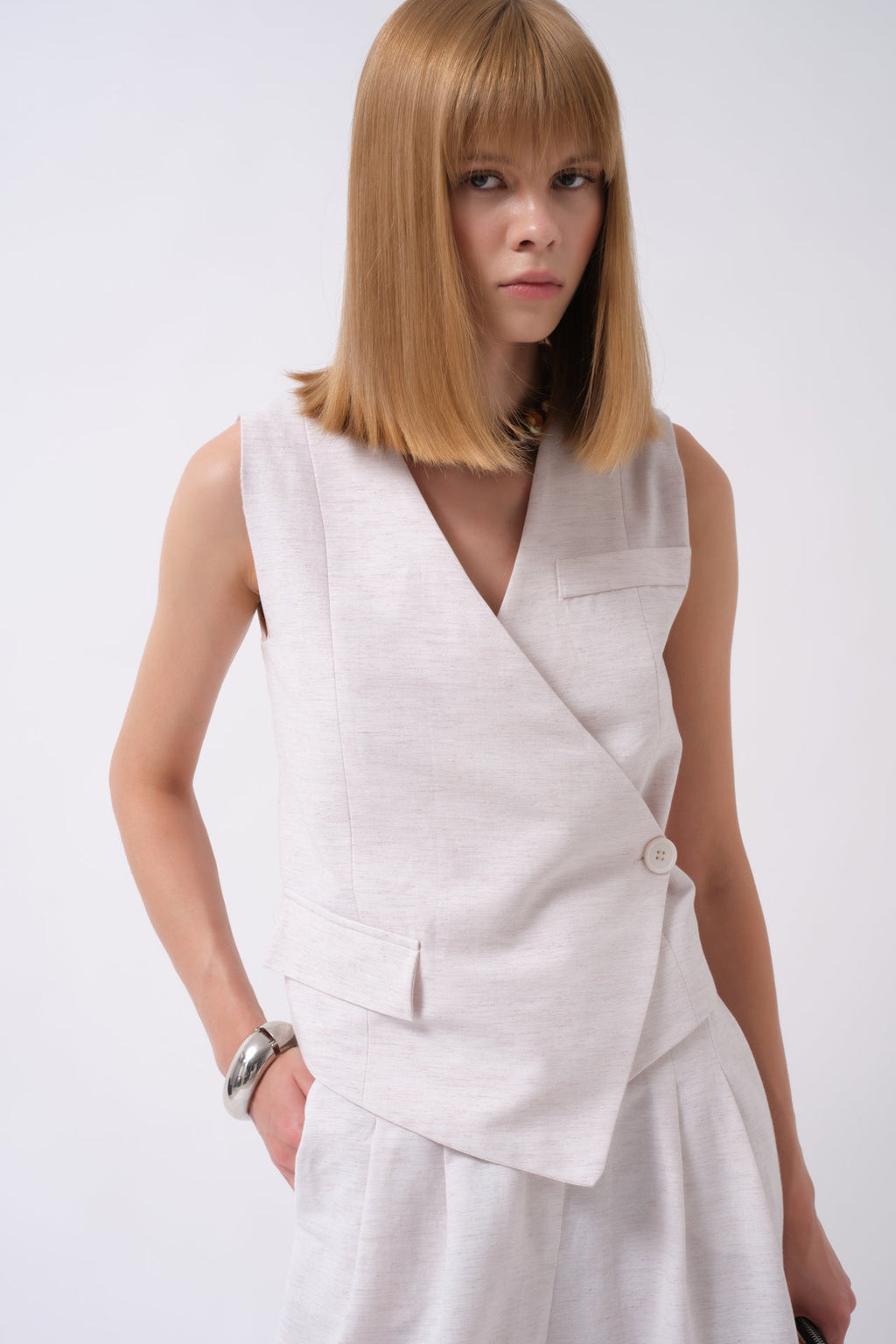 Side Button Asymmetric Linen Beige Vest