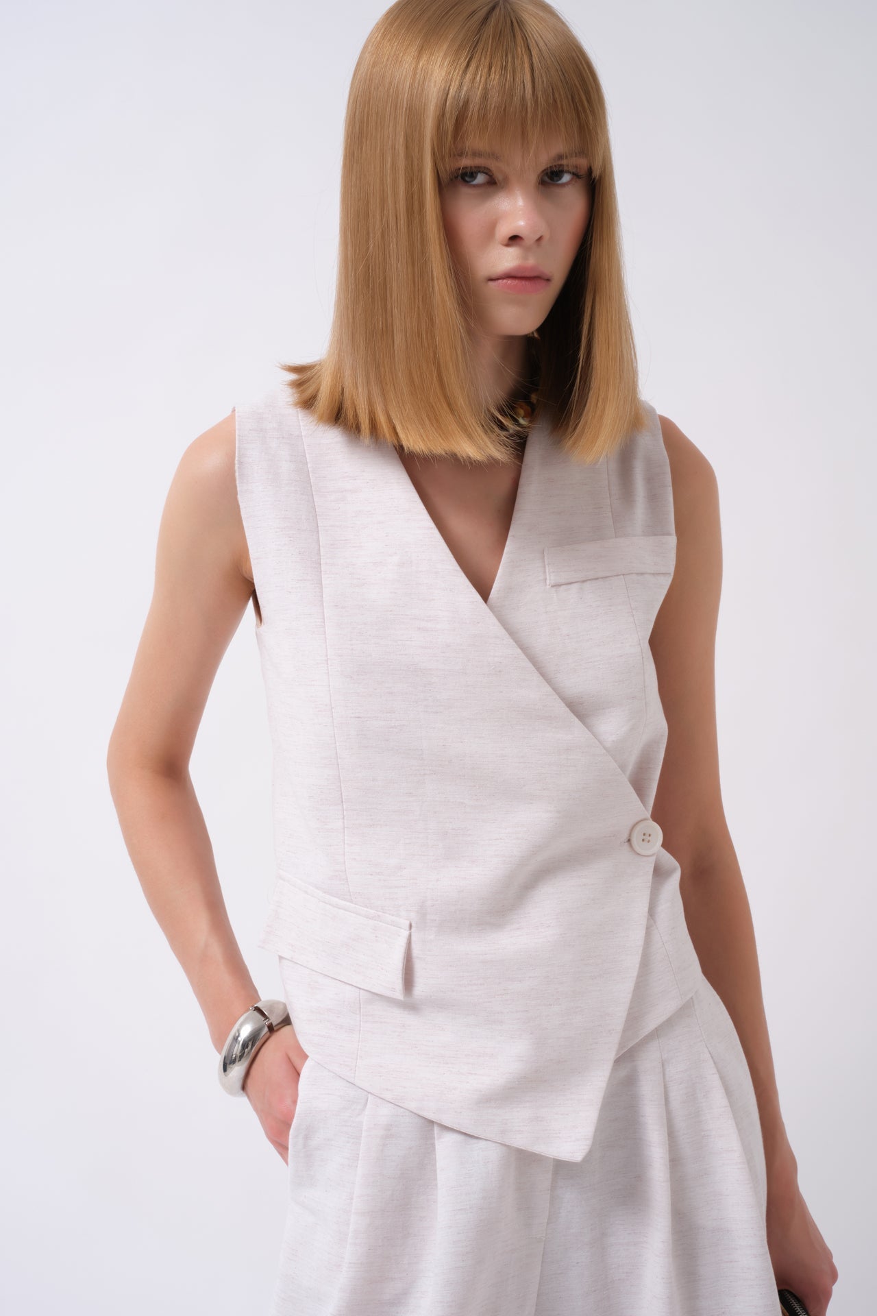 Side Button Asymmetric Linen Beige Vest