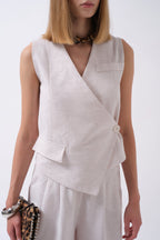 Side Button Asymmetric Linen Beige Vest