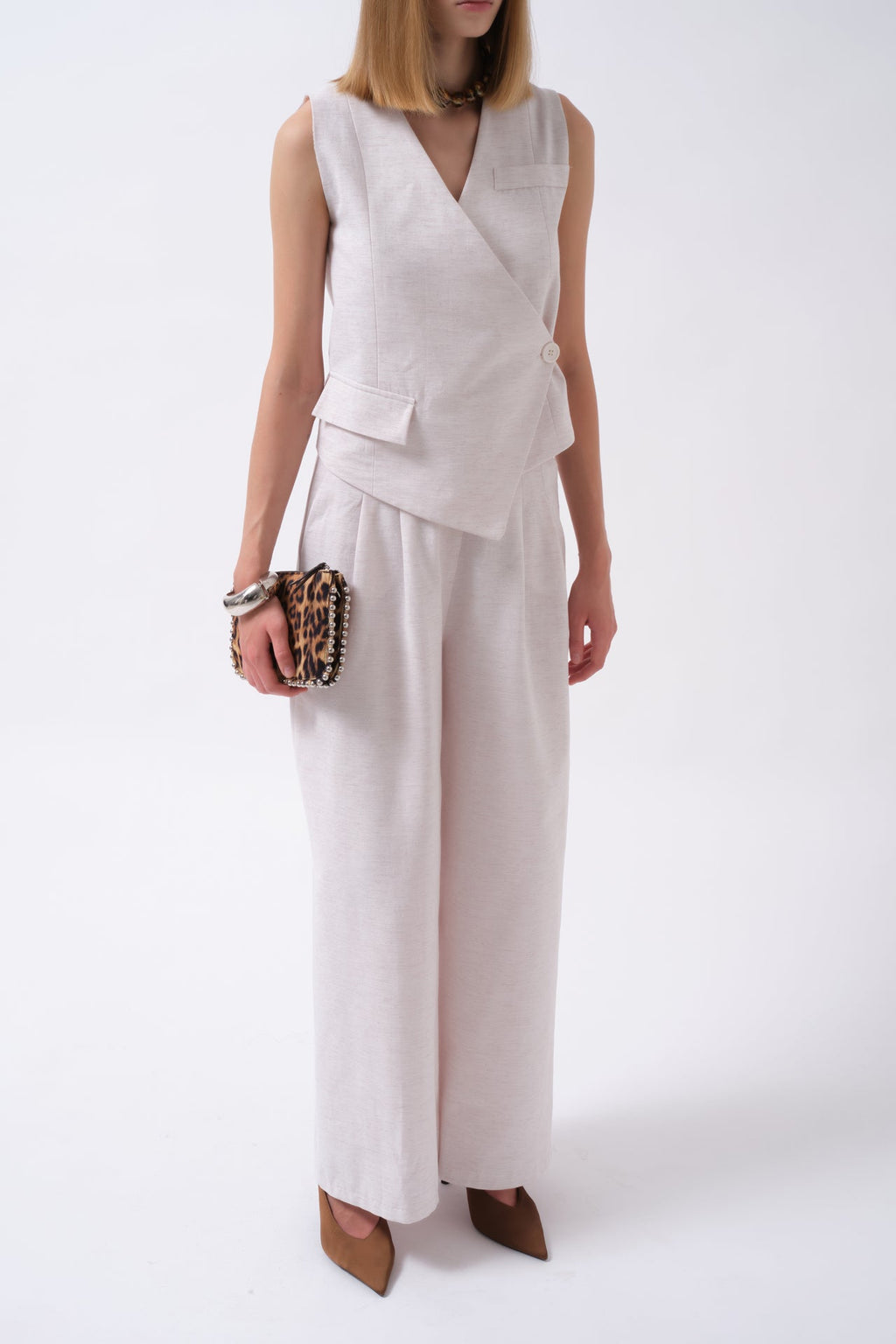 Side Button Asymmetric Linen Beige Vest