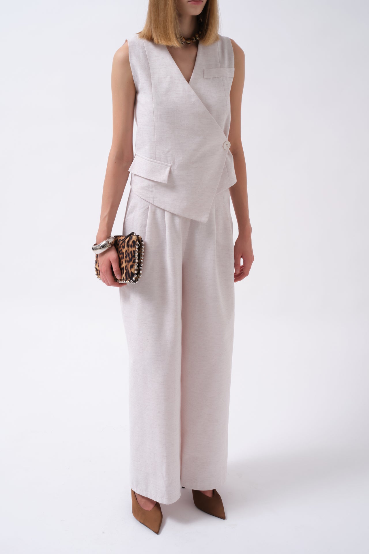 Side Button Asymmetric Linen Beige Vest