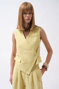 Side Button Asymmetric Linen Yellow Vest
