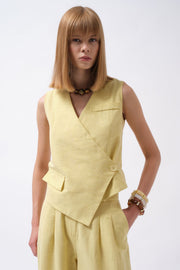 Side Button Asymmetrical Linen Yellow Vest
