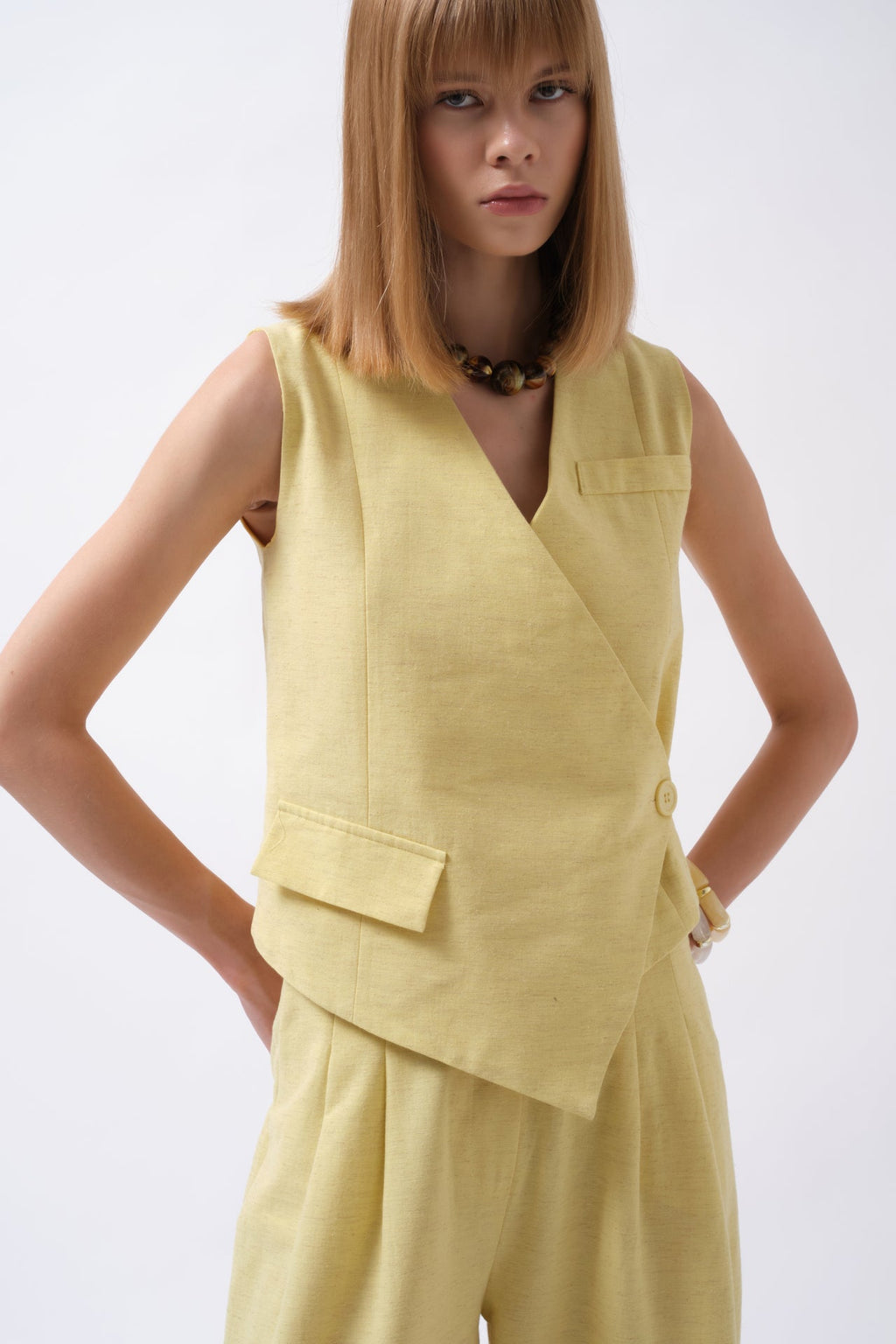 Side Button Asymmetric Linen Yellow Vest