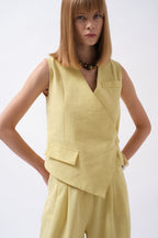 Side Button Asymmetric Linen Yellow Vest