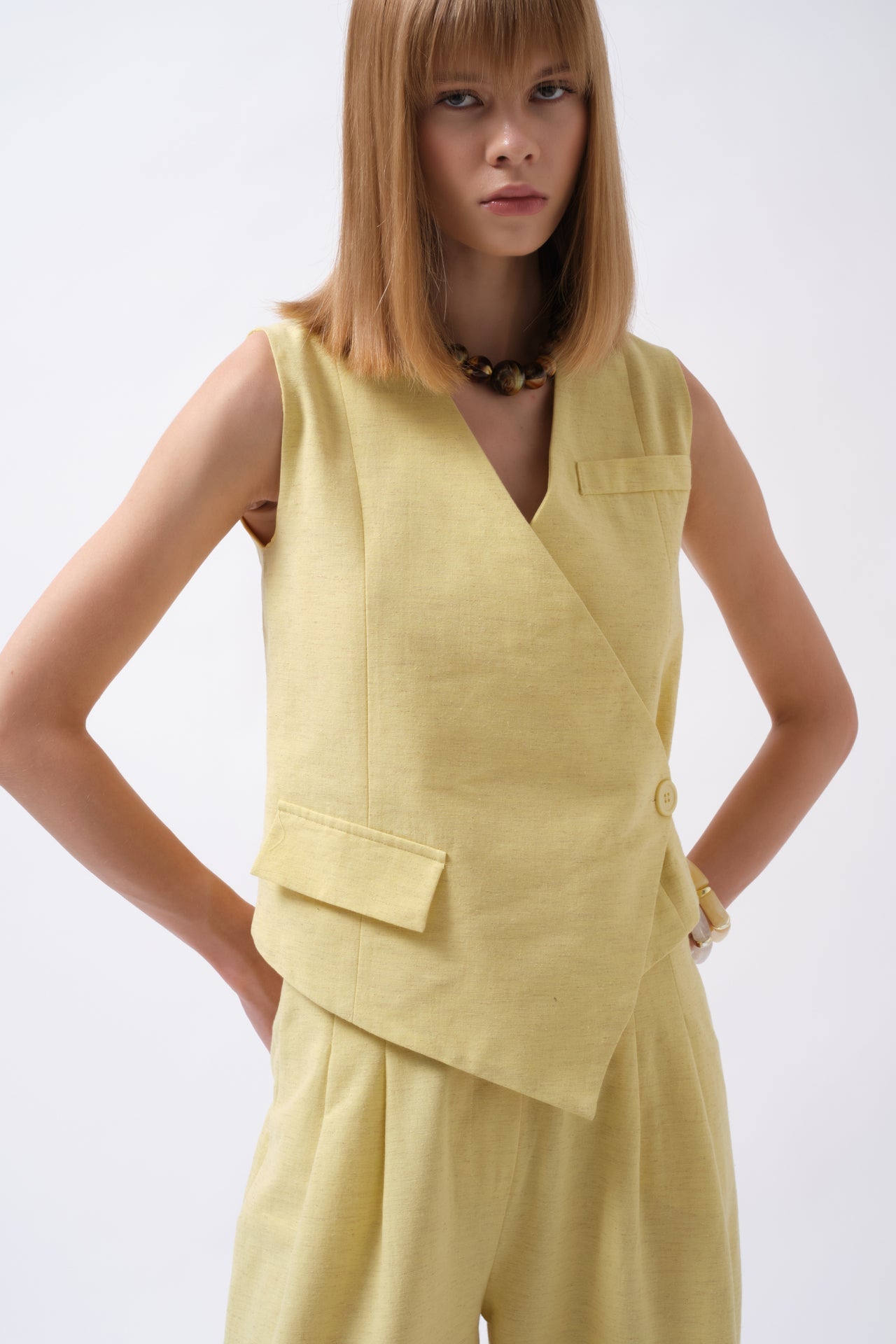 Side Button Asymmetric Linen Yellow Vest