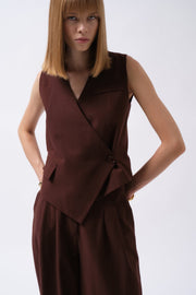 Side Button Asymmetric Linen Brown Vest