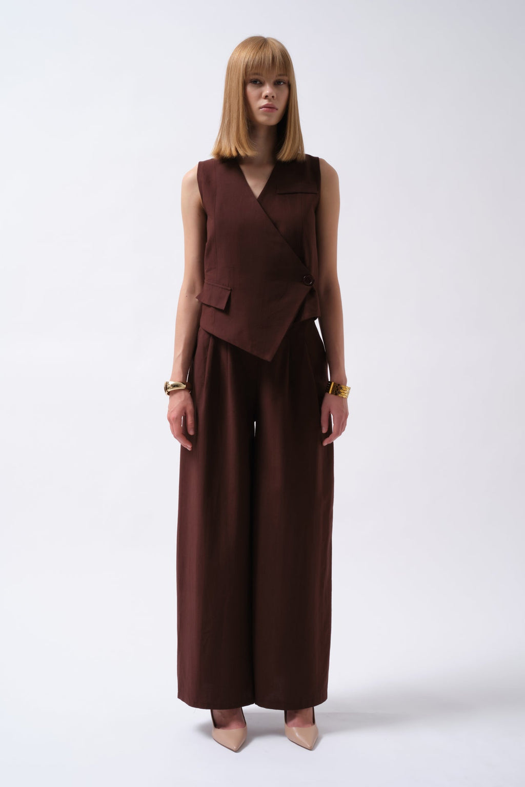 Side Button Asymmetric Linen Brown Vest
