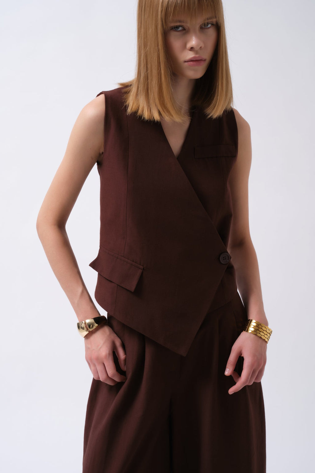Side Button Asymmetric Linen Brown Vest