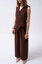 Side Button Asymmetric Linen Brown Vest