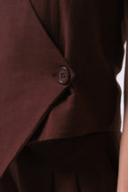 Side Button Asymmetric Linen Brown Vest