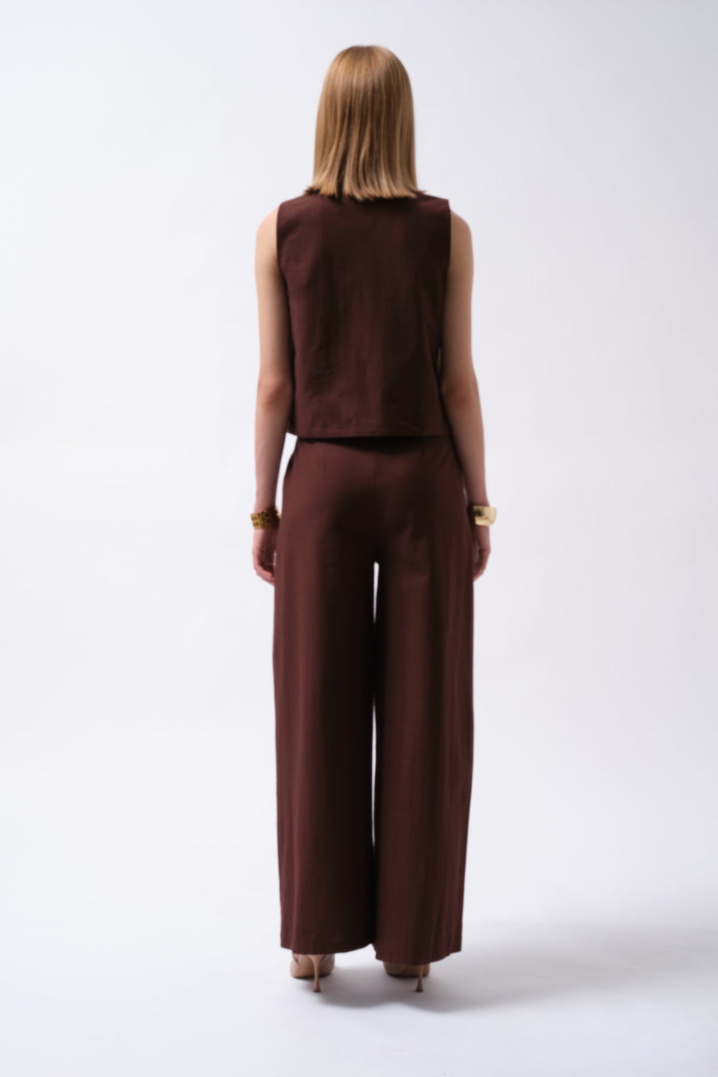 Side Button Asymmetric Linen Brown Vest