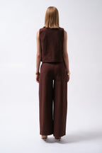 Side Button Asymmetric Linen Brown Vest