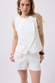 Side Buttoned Woven White Vest