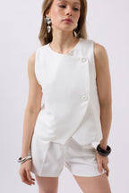 Side Buttoned Woven White Vest