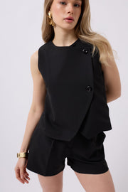 Side Buttoned Woven Black Vest