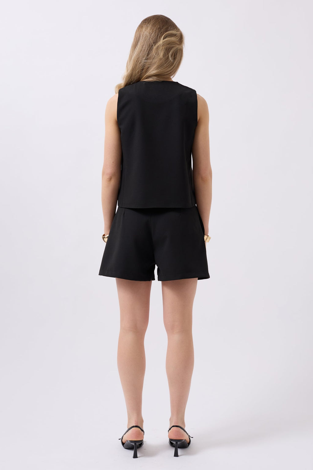 Side Button Woven Black Vest