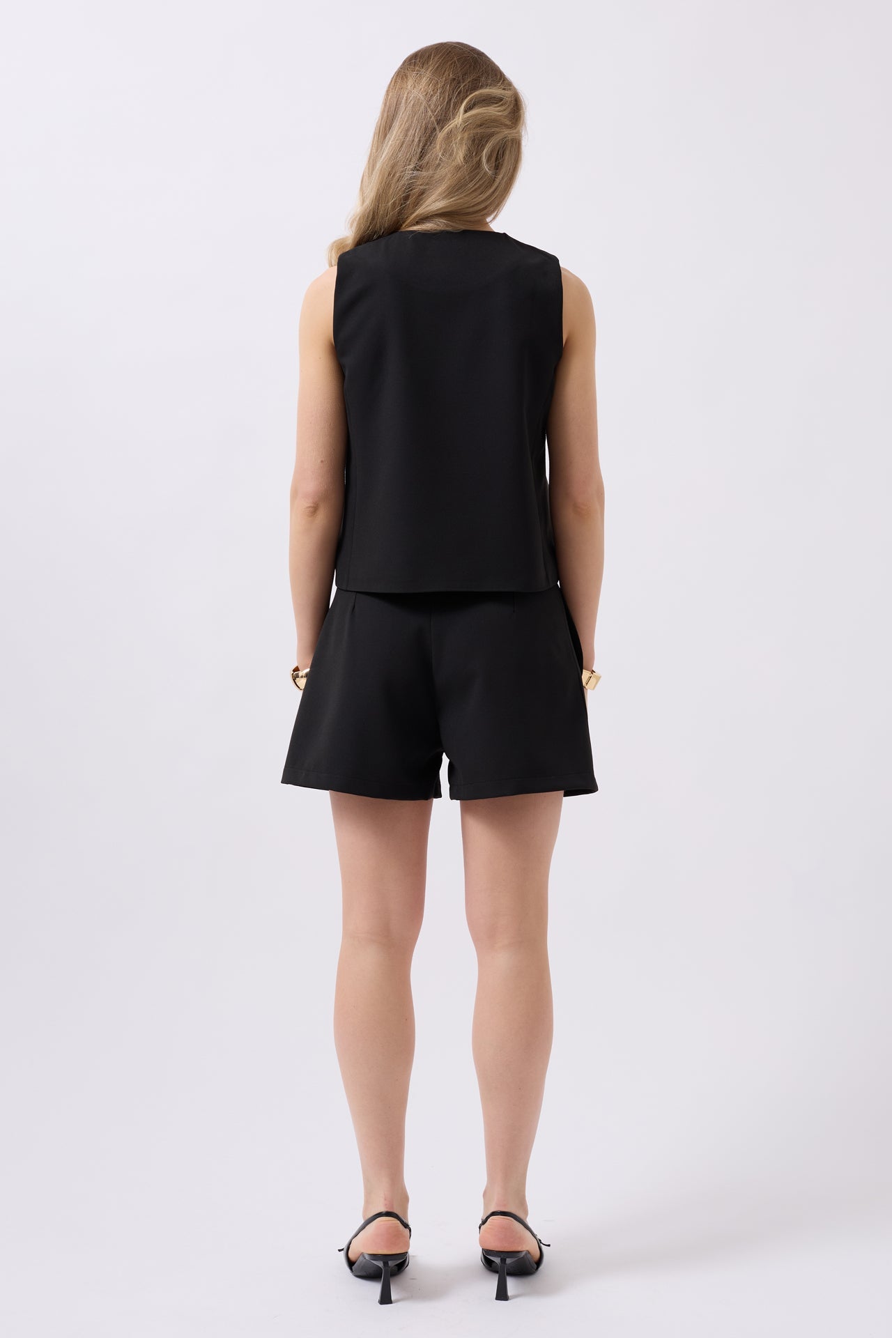 Side Button Woven Black Vest