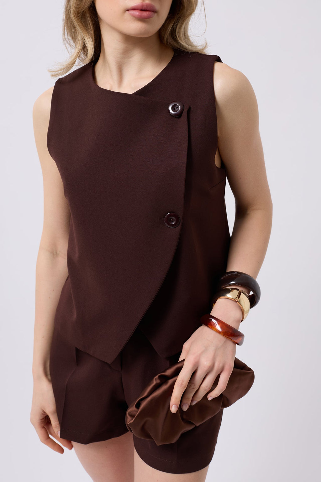 Side Button Woven Brown Vest