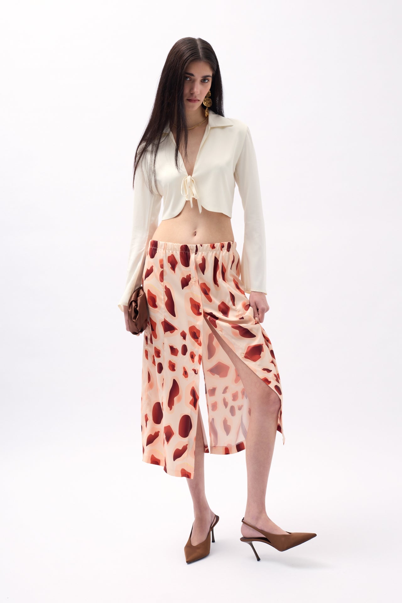 Side Slit Patterned Beige Skirt