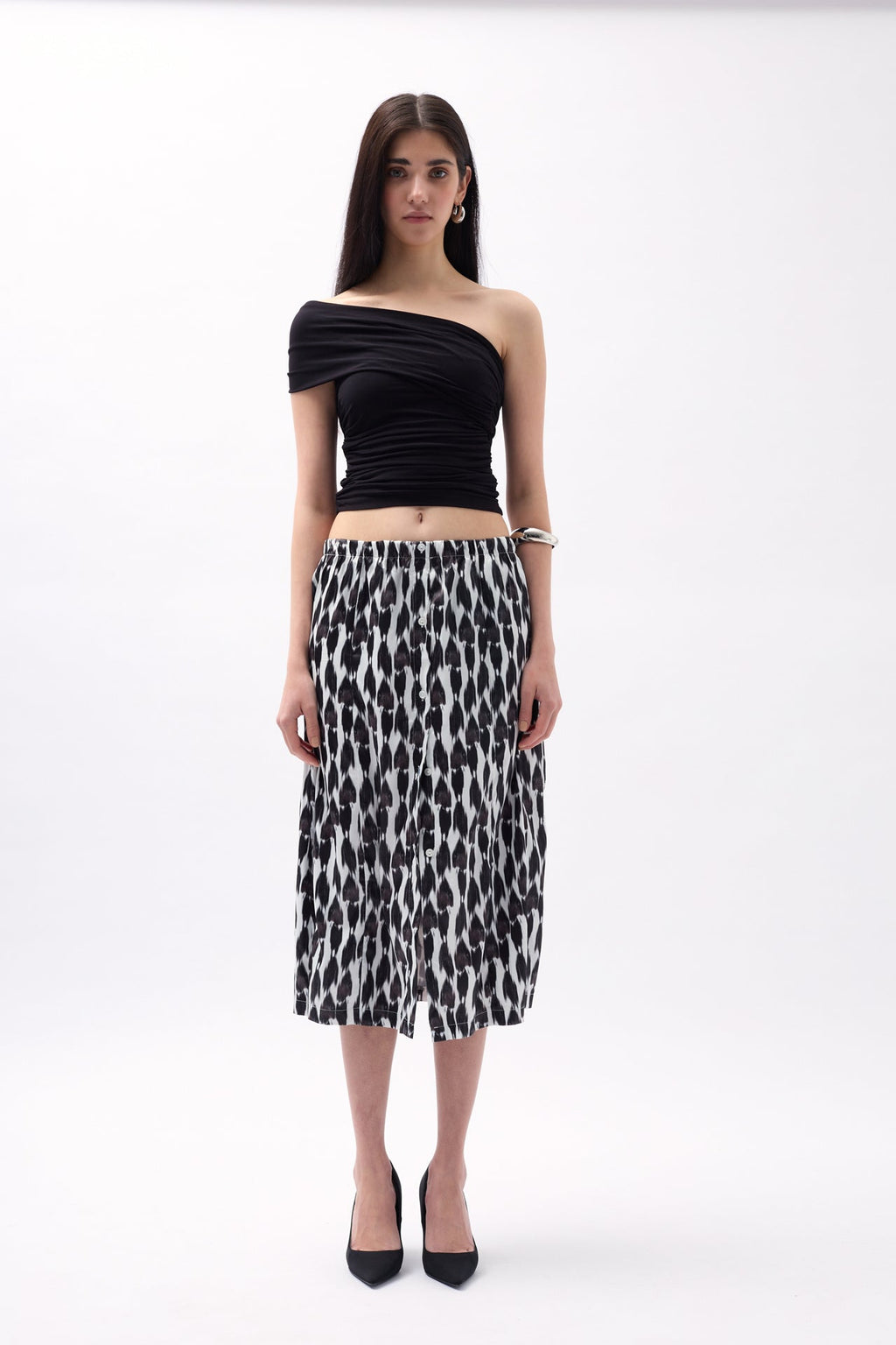 Side Slit Patterned Black Skirt