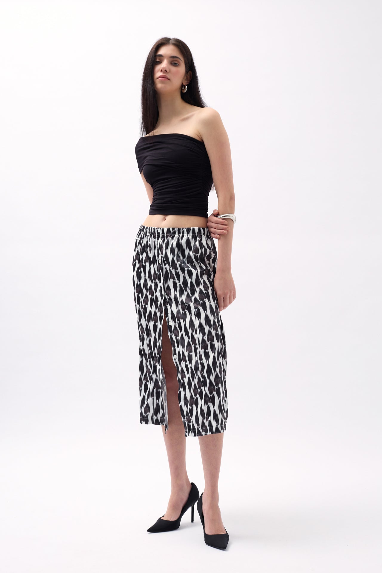 Side Slit Patterned Black Skirt