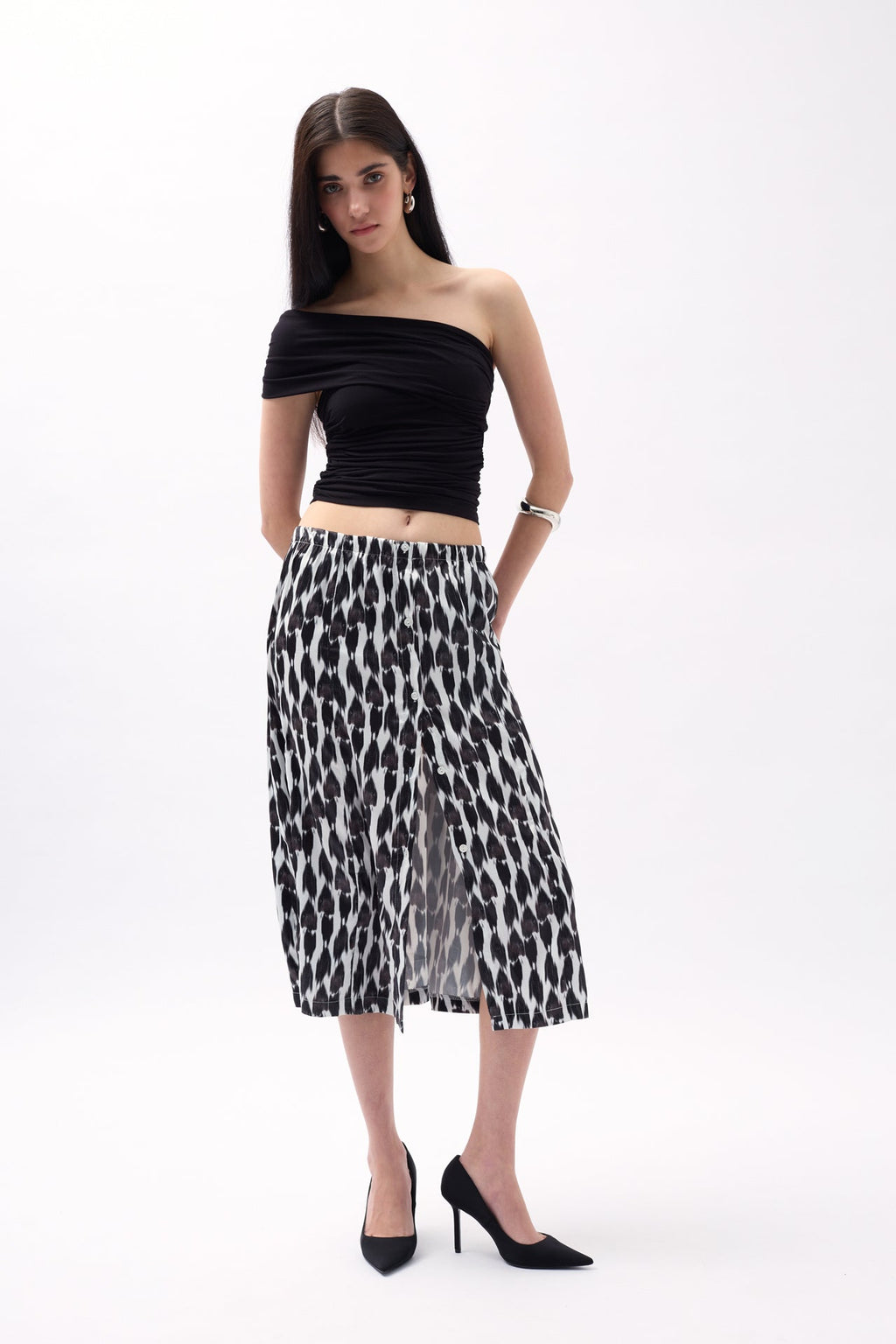 Side Slit Patterned Black Skirt