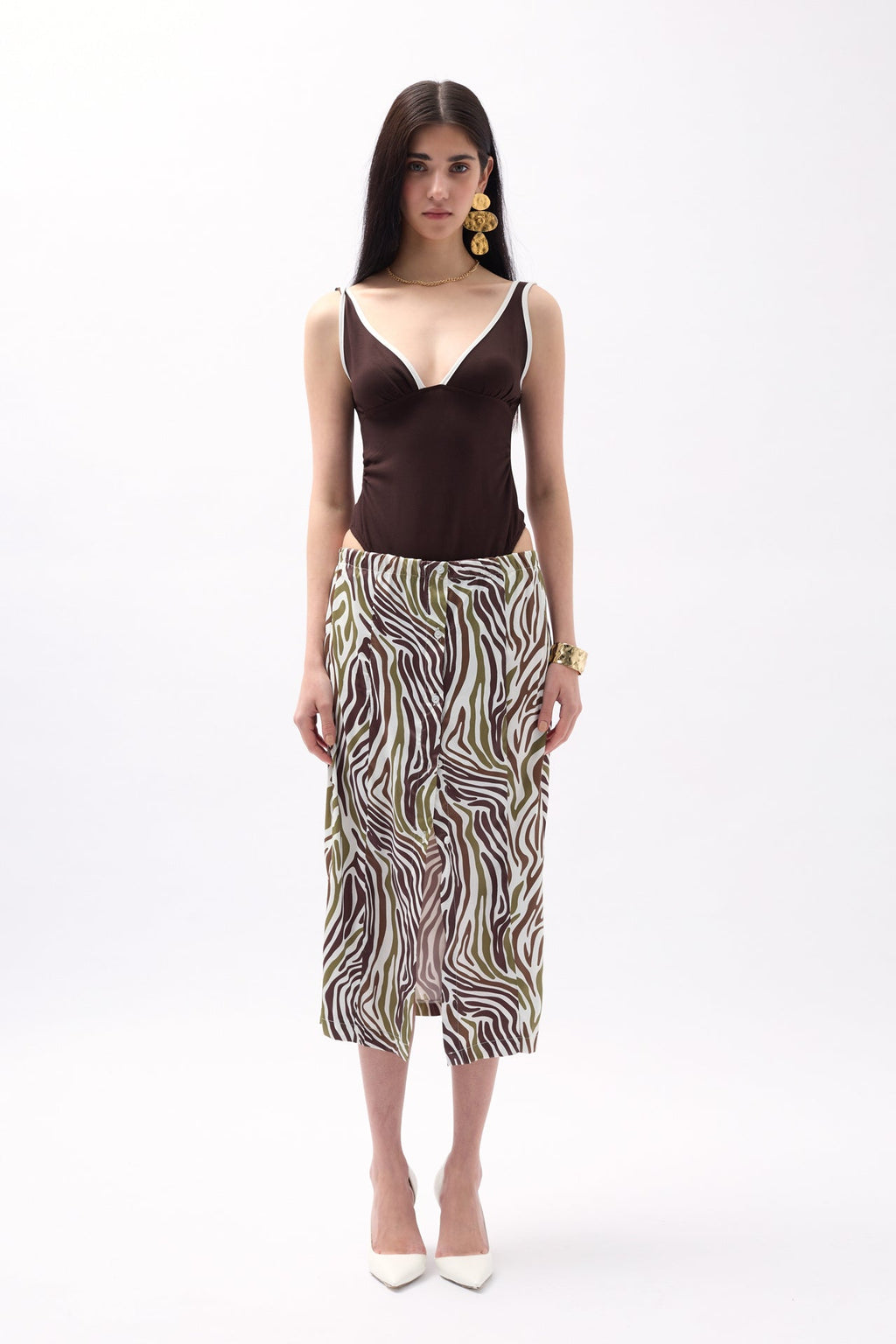 Side Slit Patterned Green Skirt