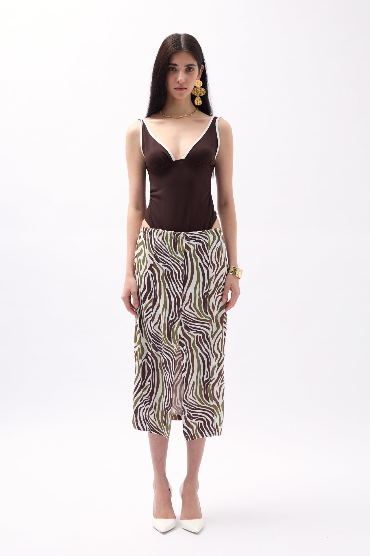 Side Slit Patterned Green Skirt