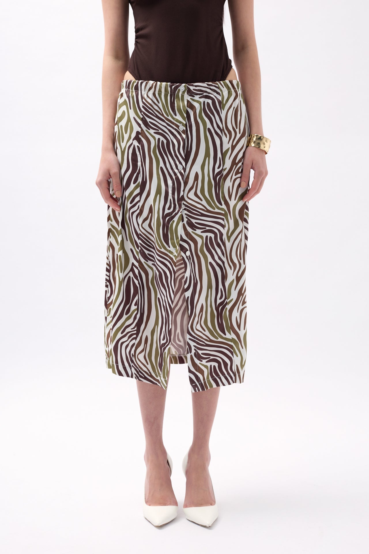 Side Slit Patterned Green Skirt