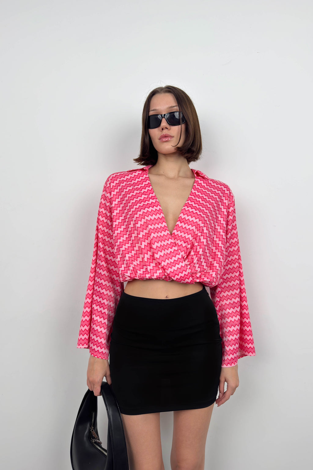Batwing Sleeve Patterned Pink Blouse