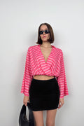 Batwing Sleeve Patterned Pink Blouse