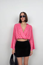 Batwing Sleeve Patterned Pink Blouse